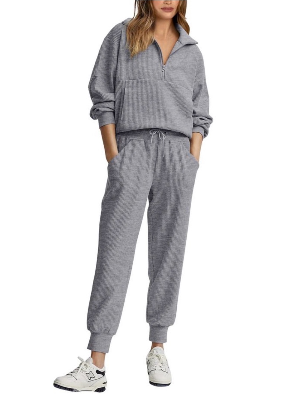 Ribbed Half-Zip Jogger Set - Gray